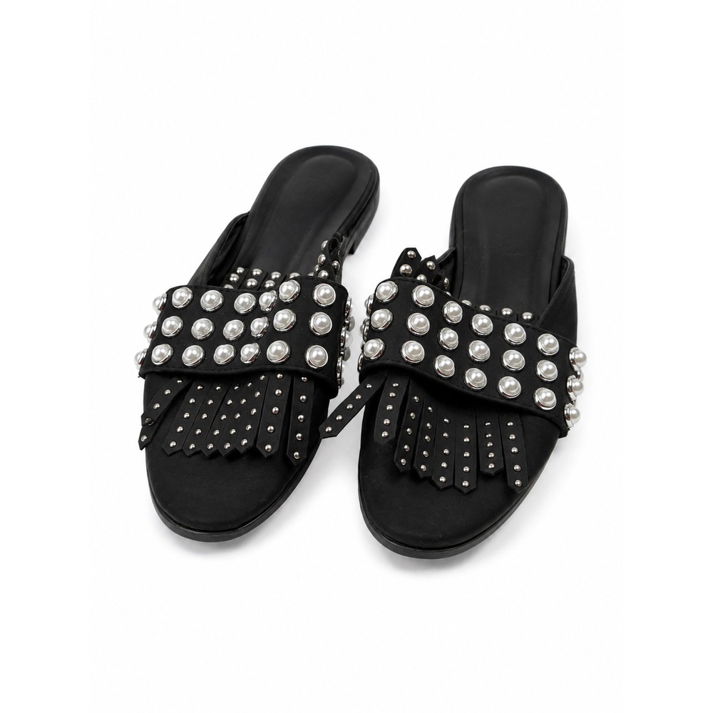 Seven7 Black Pearl Studded Kiltie Fringe Slide Slip On Mules Women's Size 7